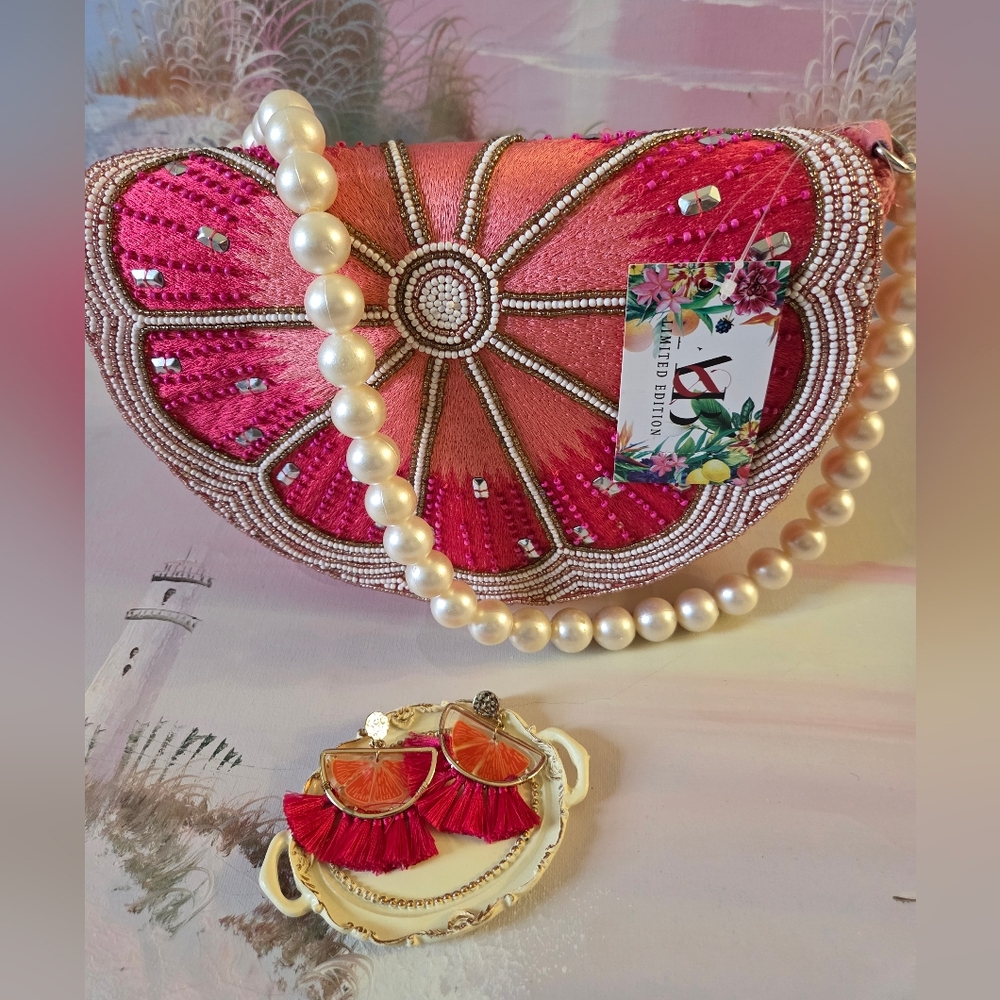 Watermelon Beaded Chunky Pearl Strap Handbag Earring Bundle Limited Edition NWT